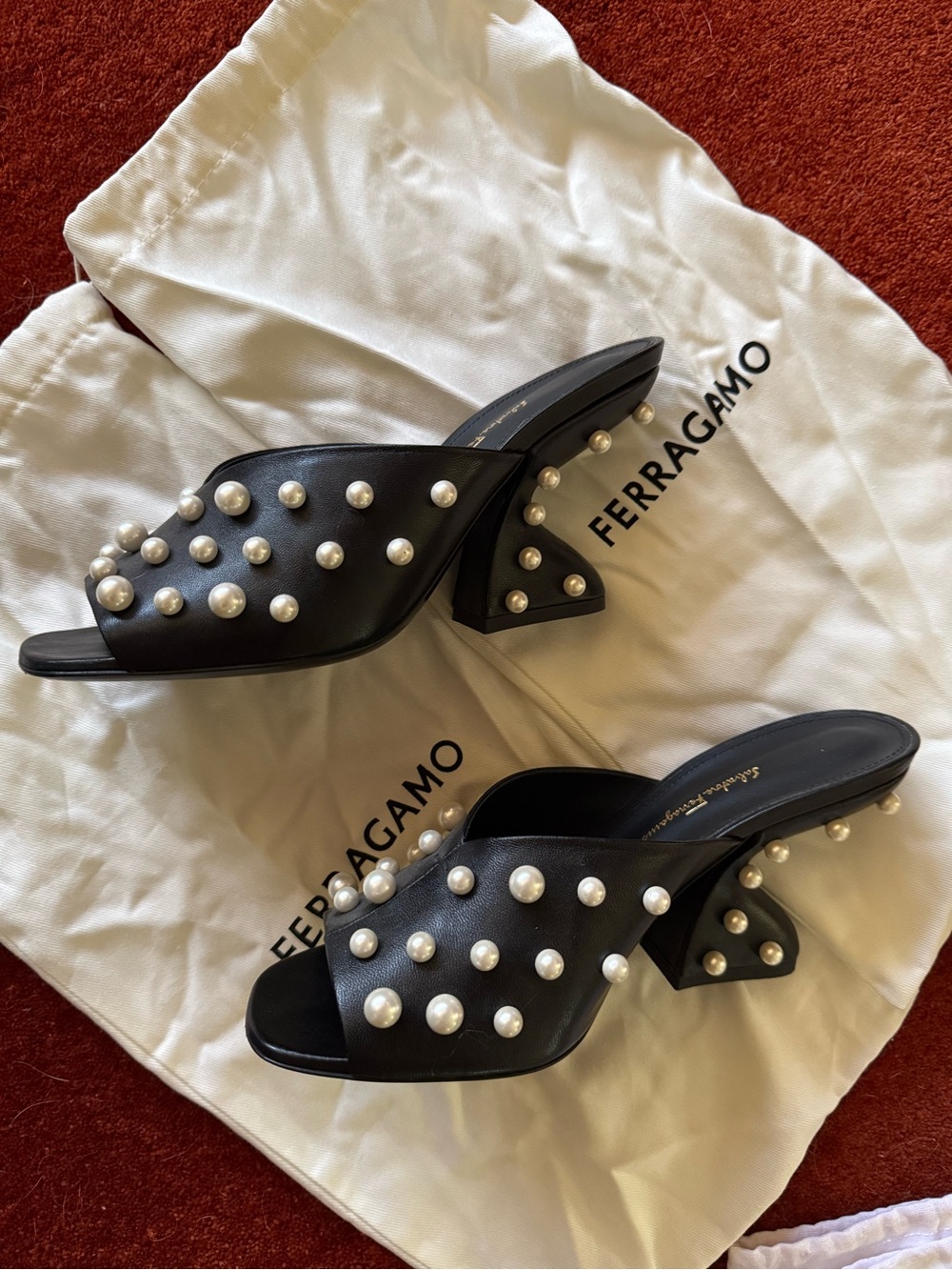 Salvatore Ferragamo Black Leather Pearl-Embellished Mule Sandals